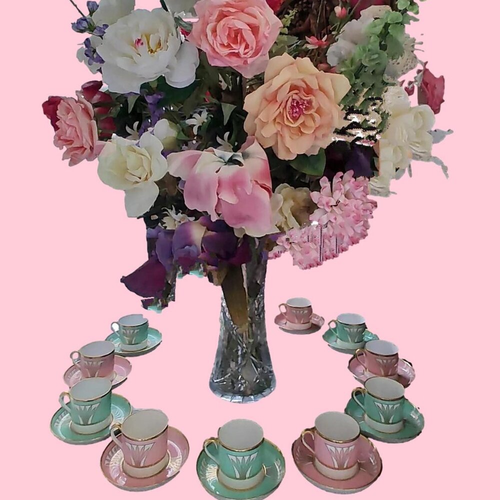 1941 Copeland Spode Custom Made Porcelain Demi-Tasse Pink Green Tea Set